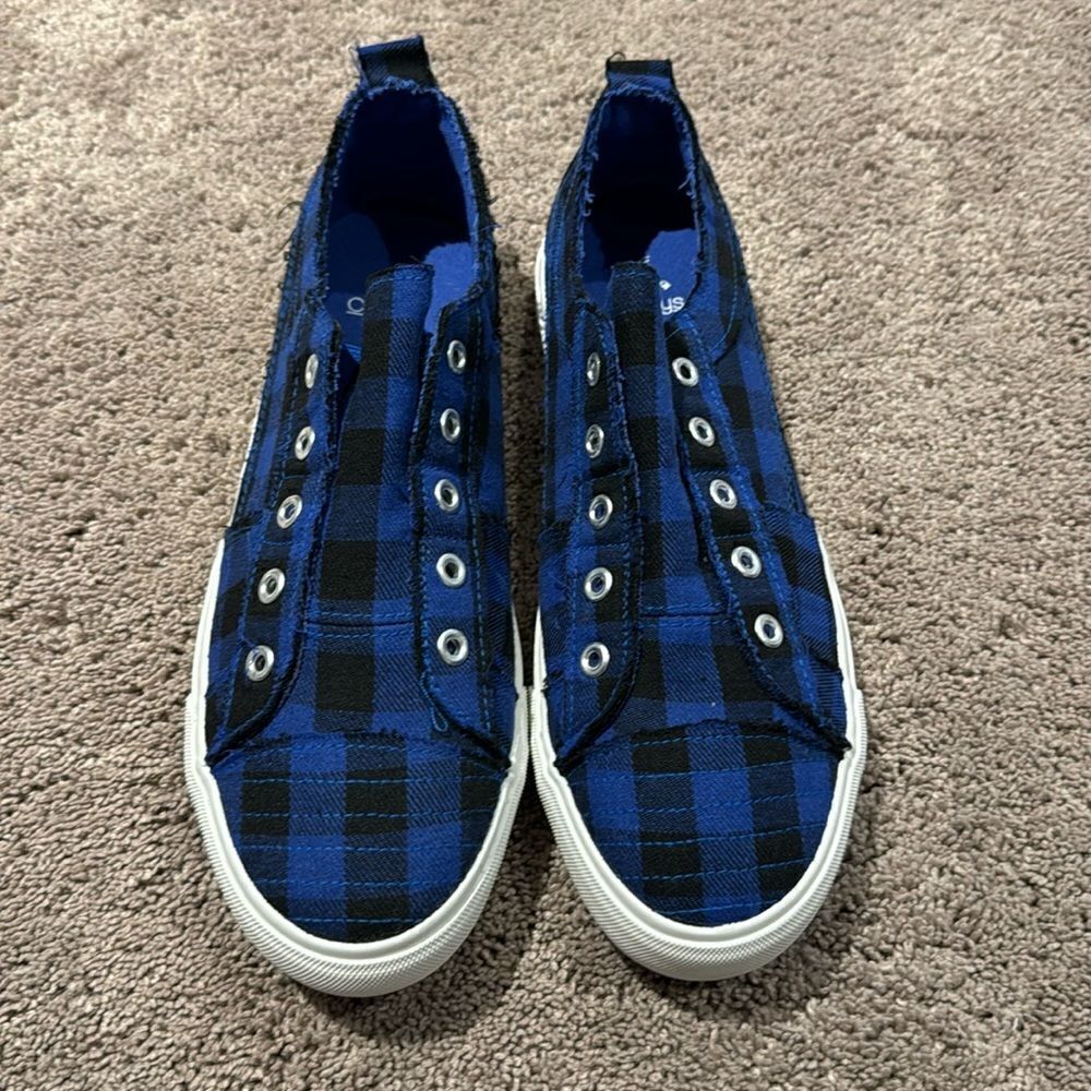 Corkys!! Size 10 ! Blue and black plaid slip on! NWOT pink bottom